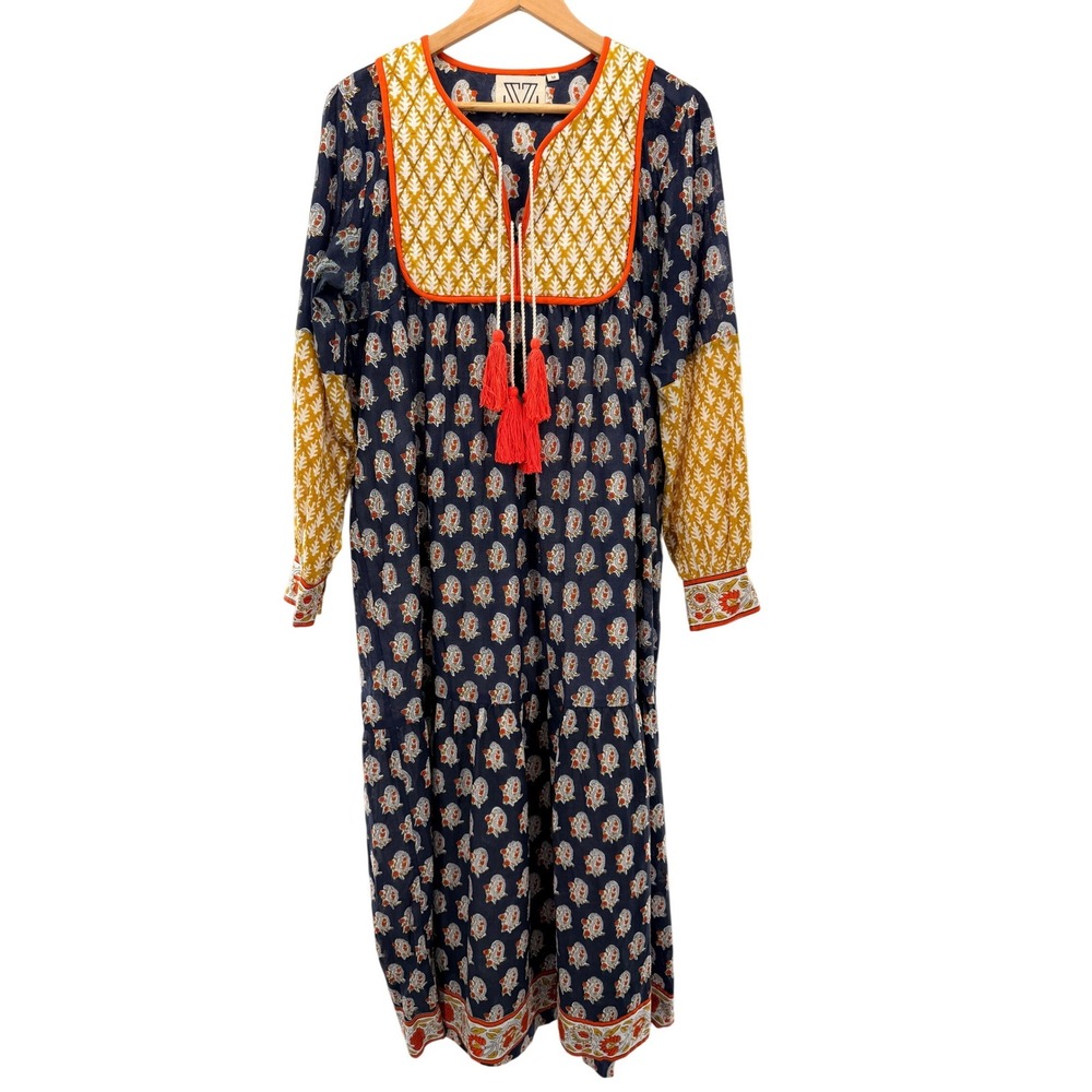 SZ Blockprints Jodhpur Floral Cotton Midi Dress Navy Orange Tassel Quilted M‎